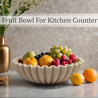 LIN CHUAN Ruffle Decorative Bowl, Large Fruit Bowl for Kitchen Counter, Stylish Key Bowl for Entry Table, Handcrafted Home Decor Display bowl, Artificial Stone Beige