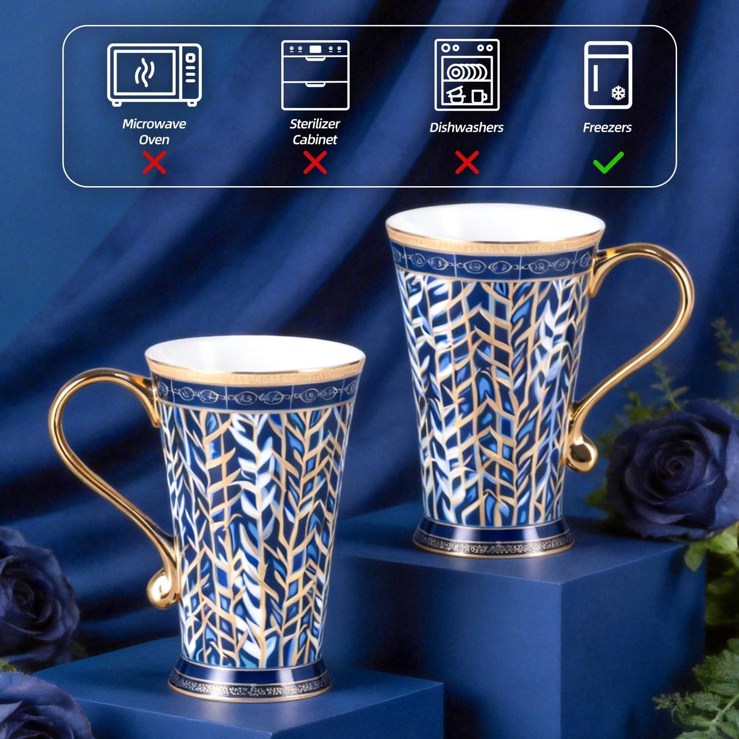KAMMAK Bone China Mugs Set of 2, Ceramic Tea and Coffee Cups, 10.8oz Porcelain Tall Mugs Set, Hand-painted Cappuccino Mug for Latte, Americano, Breakfast Cereal, Hot Cocoa, Drinks (NX33)