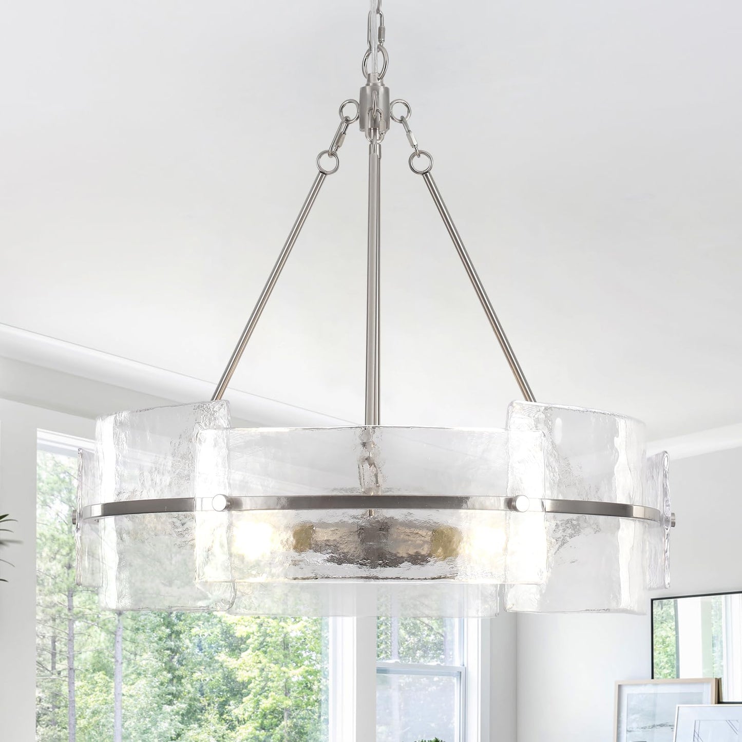 Corlaceling Modern Glass Dining Room Chandelier, 22 inch Brushed Nickel Drum Kitchen Island Light Fixture Luxury Textured Glass Water Ripple Crystal Chandeliers for Living Room Foyer Bedroom
