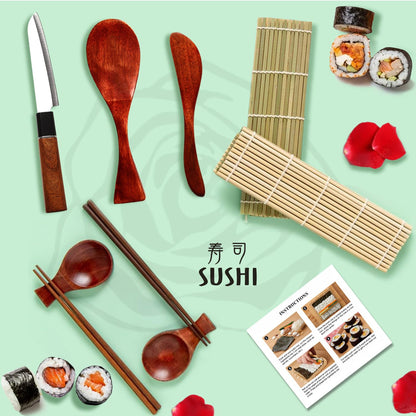 Wimitools All Wood Sushi Making Kit Nonplastic Sushi Roller Kit, Nanmu Wood Rice Paddle, Spreader, Chopsticks, Bamboo Mat - the Pro Homemade Sushi Kit and Best Gift