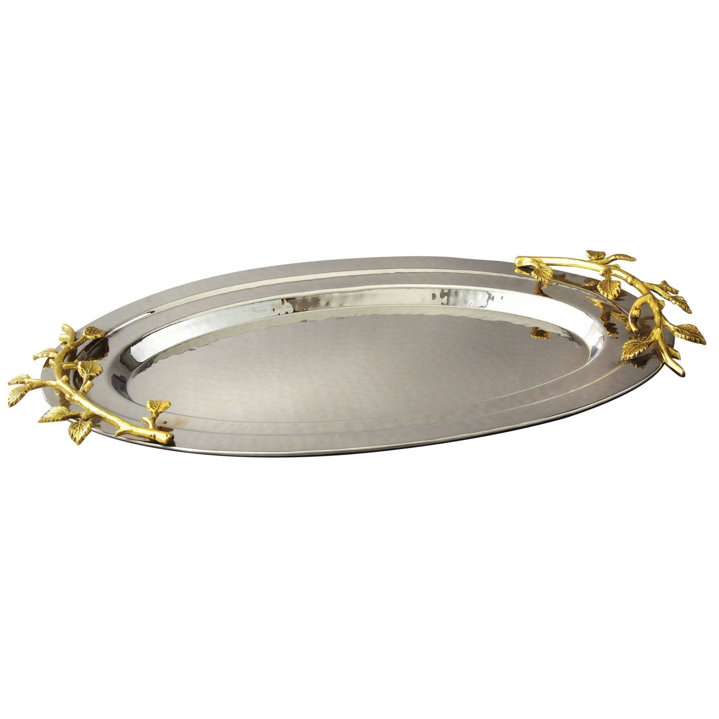 Elegance Golden Vine Hammered Stainless Steel Oval Tray, 16.5 by 10-Inch, Silver/Gold