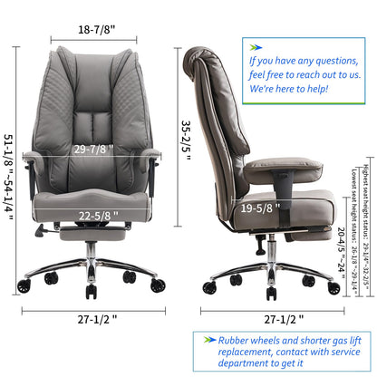 EXCEBET Big and Tall Office Chair 400lbs Wide Seat, Leather High Back Executive Office Chair with Foot Rest, Ergonomic Chairs Lumbar Support for Lower Back Pain Relief (Grey)