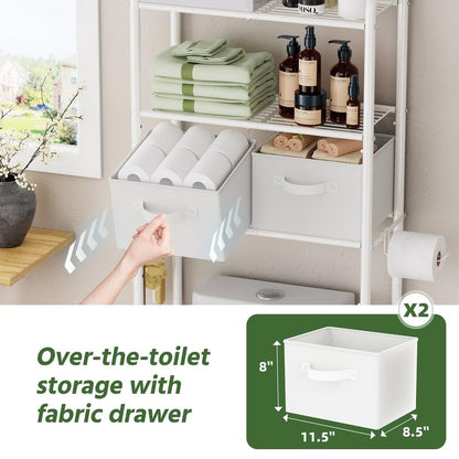 Simple Trending Over The Toilet Storage Rack with Drawers, Metal 3 Tier Bathroom Organizer Shelf with Paper Holder and 3 Hooks, White