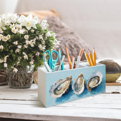 PQKIY Blue Coastal Beach Oyster Pen Holder for Desk,Ocean Beach Wooden Box Sign Desk Decor for Home Bedroom Office,Ocean Beachy Makeup Brush Toothbrush Holder Organizer for Bathroom Accessories