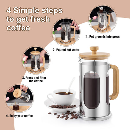 Sivaphe No-Plastic French Press Coffee Maker 34 oz, Borosilicate Glass Bamboo Lid and Handle Coffee Tea Press 8 cup, 1000ml Coffee Milk Forther with Stainless Steel Holder and Resuable Filters