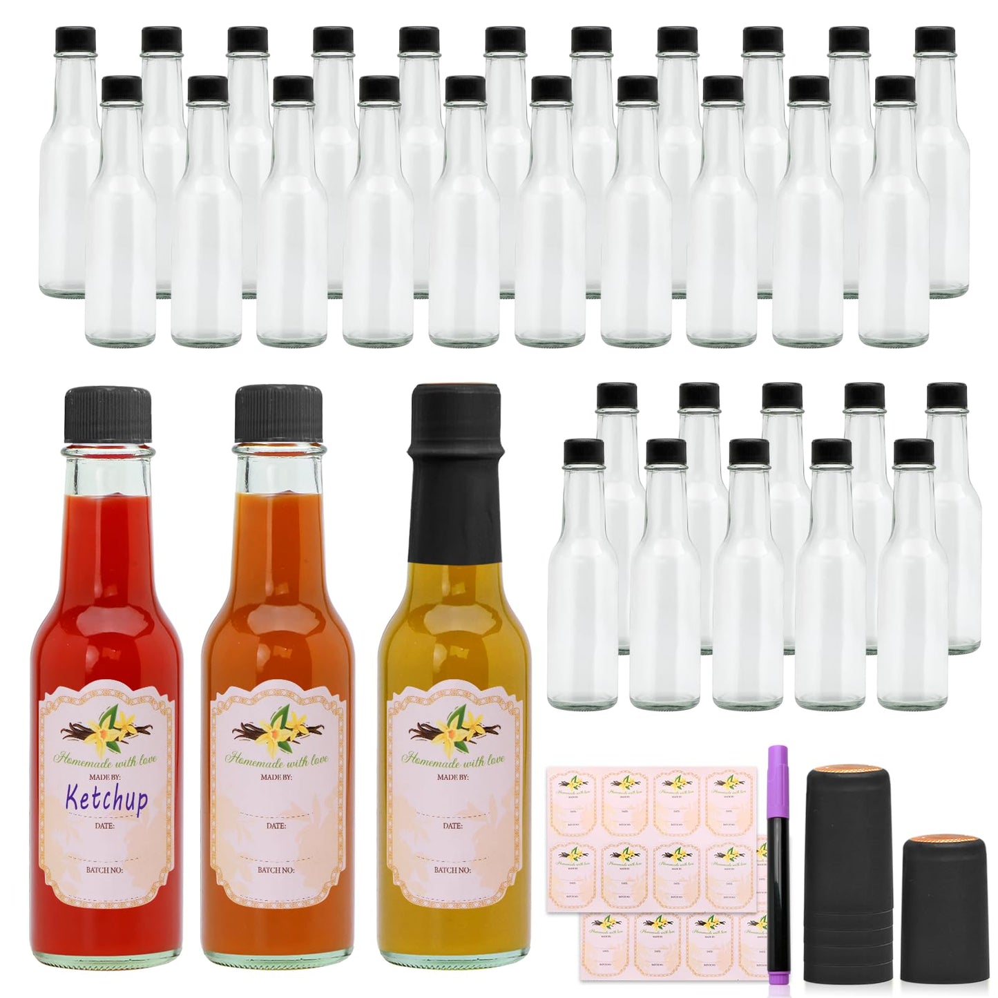 Brajttt 35pcs 5oz Glass Hot Sauce Bottles with Black Cap, Ideal for Hot Sauces, Oils, Vinegar, Wine & More, 147.8675ml Capacity, Dishwasher Safe