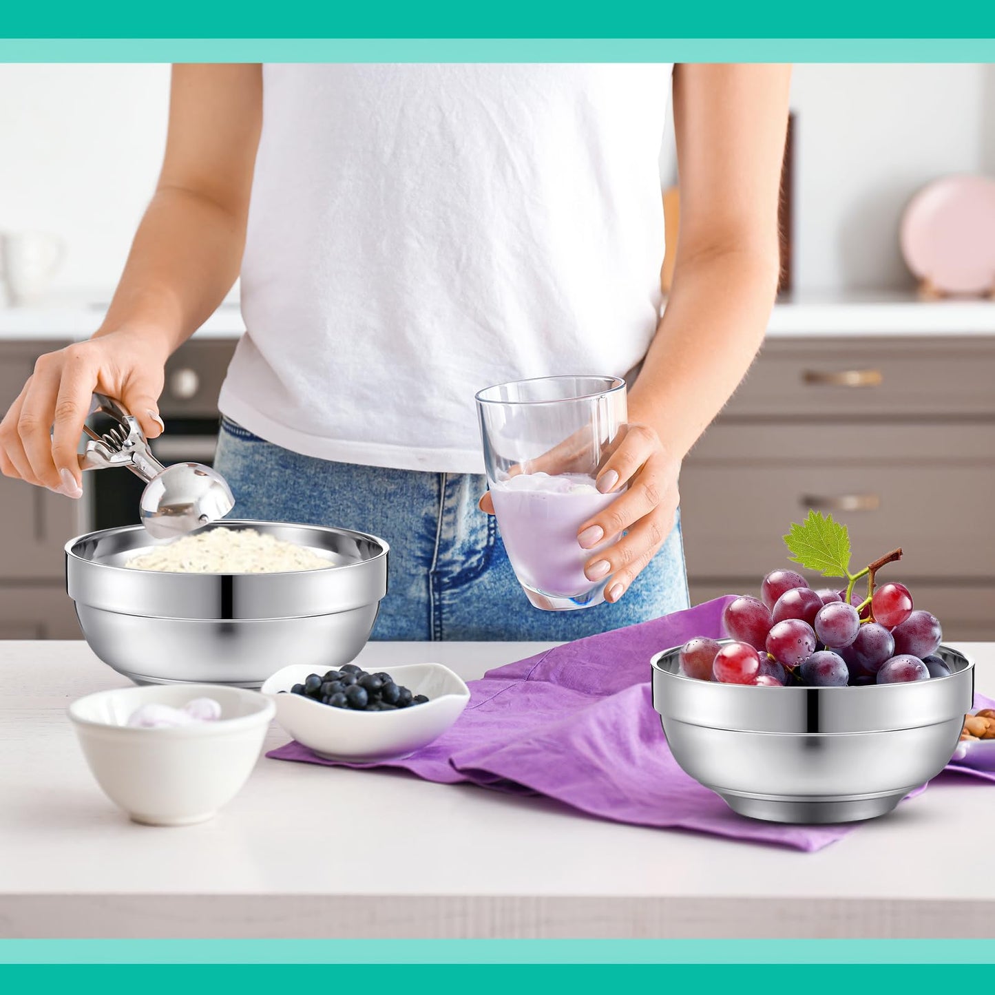 Funnymoom 8 Pack 24 oz Stainless Steel Bowls Double Walled Insulated Soup Ice Cream Metal Mixing Nesting Bowls for Serving Soup Rice Cereal (304 Stainless Steel)