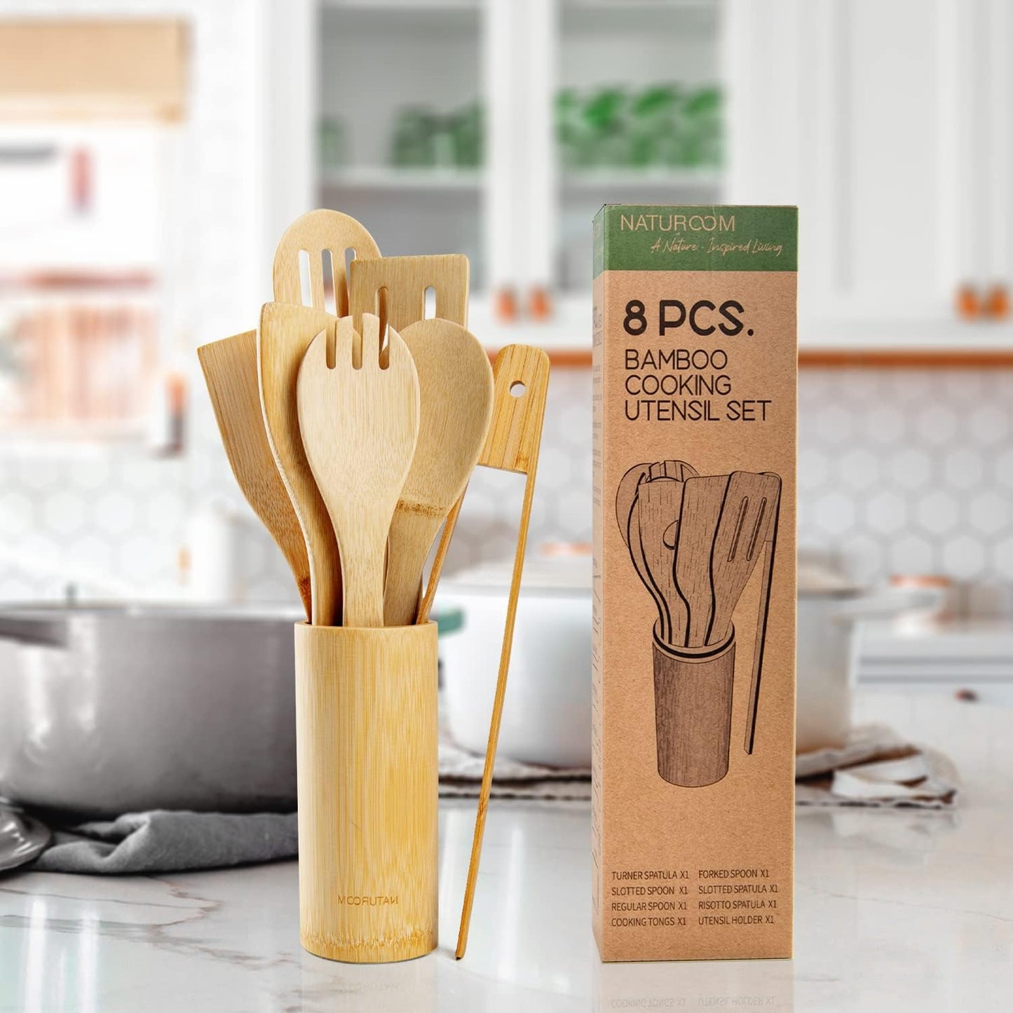 Kitchen Utensils Set of 8 PCS, 12 Inches Bamboo Wooden Cooking Spoon & Spatula Tools for Non-Stick Cookware (Bamboo)