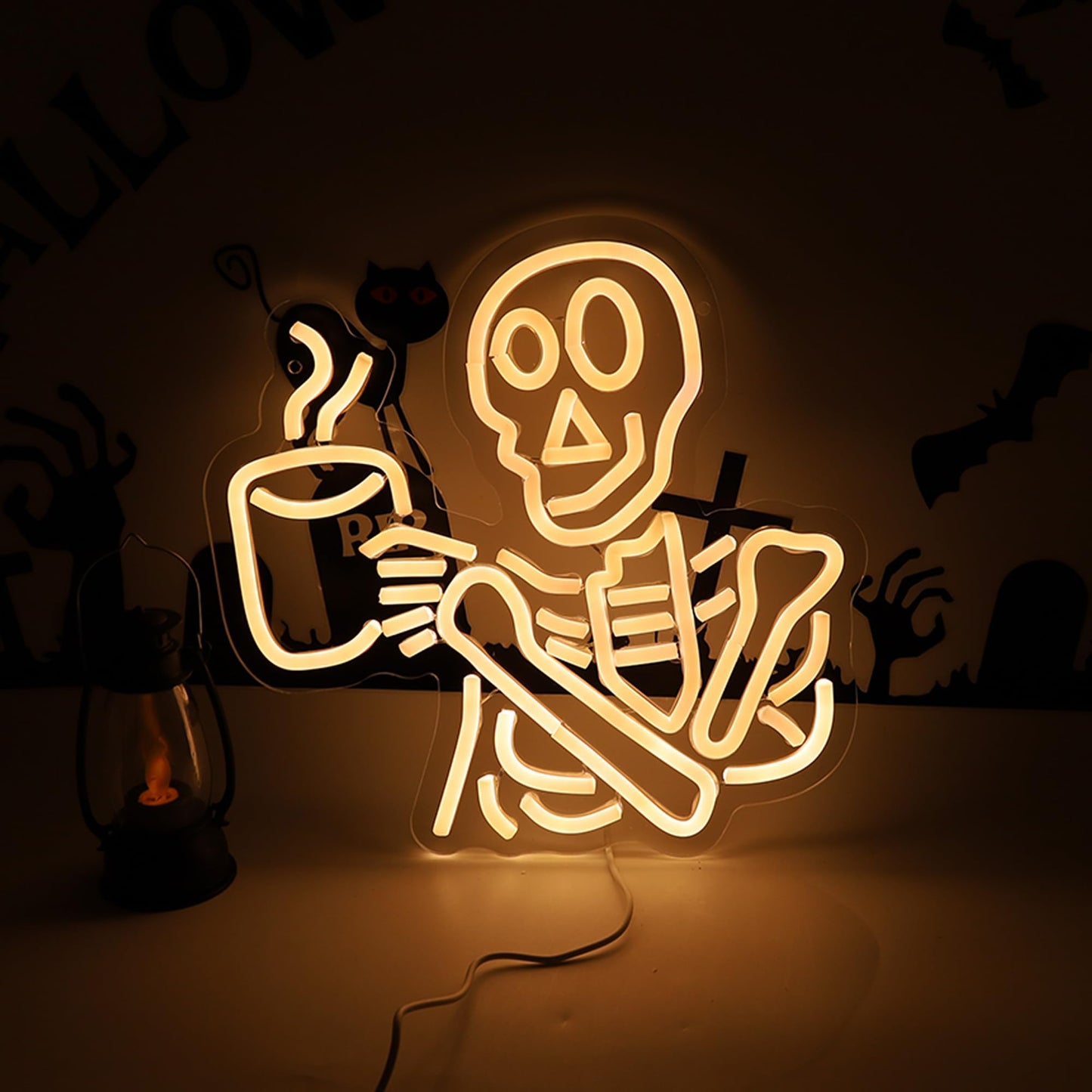 Coffee Skeleton Neon Sign for Wall Decor,Halloween Neon Light Sign Skull Lamp for Halloween Party Decorations