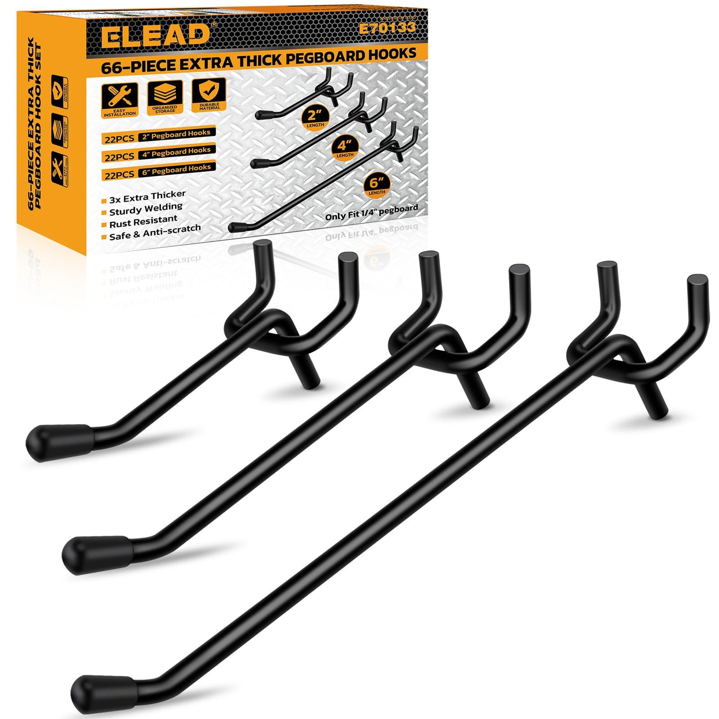 ELEAD 66-Piece 2/4/6 Inch Extra Thick Pegboard Hooks, Heavy Duty Peg Board Organizer Accessories, Peg Board Tool Hangers Fit for 1/4" Pegboard Hanging Tools Garage, Workshop, and Craft Storage