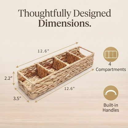 Tihoda Trovea Wicker Tea Organizer and Storage Box, 4-Compartment Water Hyacinth Tea Bag Holder for Tea Bar, Drawer, and Countertop Organization