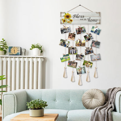 Gwisml Home Collage Picture Frames,Clip Photo Holders for Wall,Wooden Hanging Photo Display with 16 Clips 5 Strings,Bless Our Home Sign Wall Decor