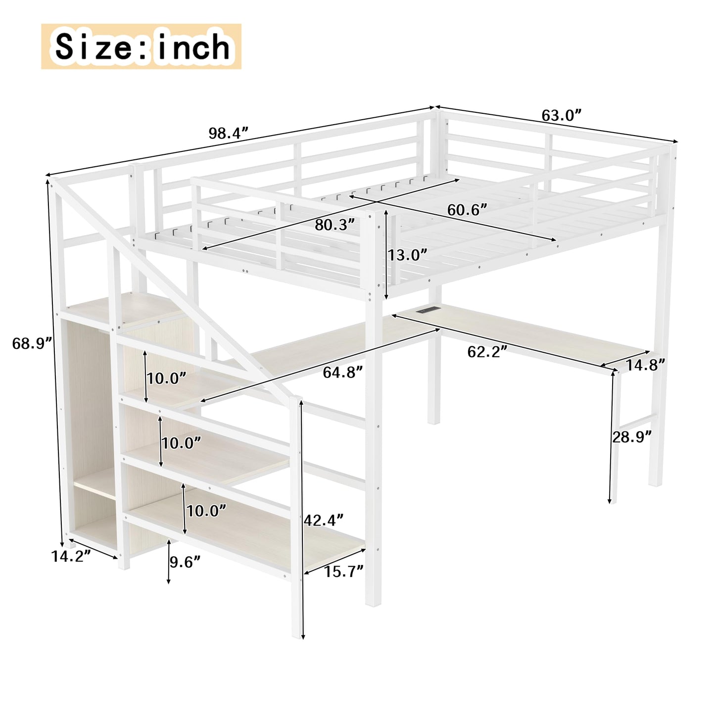 KEIKI Metal Loft Bed Queen Size with L-Shaped Desk, USB Port, Wardrobe, Adjustable Shelf, and LED Lights, High Loft Bed with Stairs for Teens and Adults, White Wood Grain