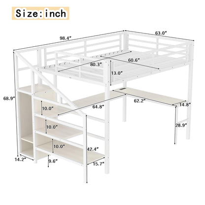 KEIKI Metal Loft Bed Queen Size with L-Shaped Desk, USB Port, Wardrobe, Adjustable Shelf, and LED Lights, High Loft Bed with Stairs for Teens and Adults, White Wood Grain