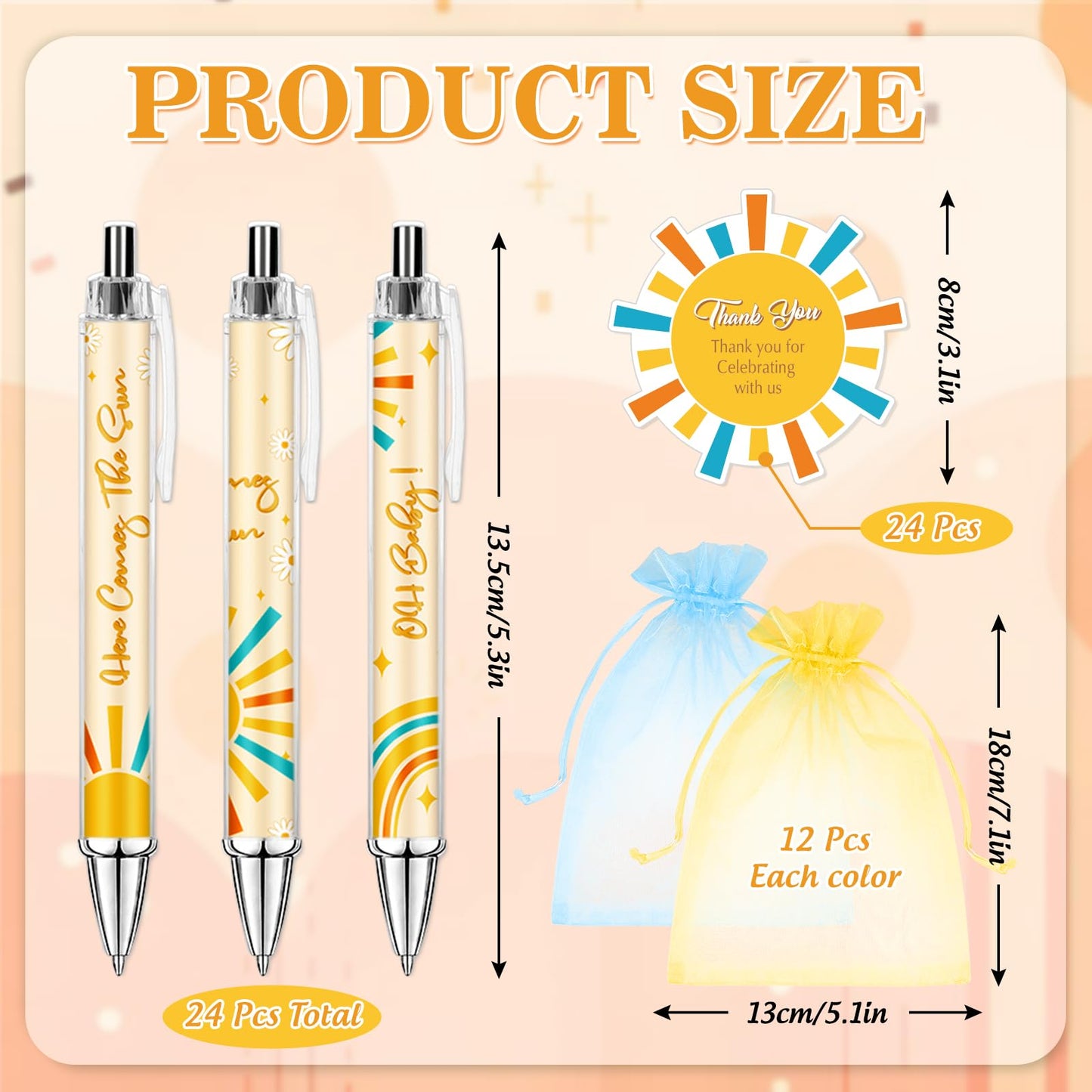 JarThenaAMCS 72Pcs Sun Baby Shower Favor Gifts for Guests Boho Sun Retractable Ballpoint Pens Organza Bags Greeting Cards for Birthday Gender Reveal Souvenirs Prizes