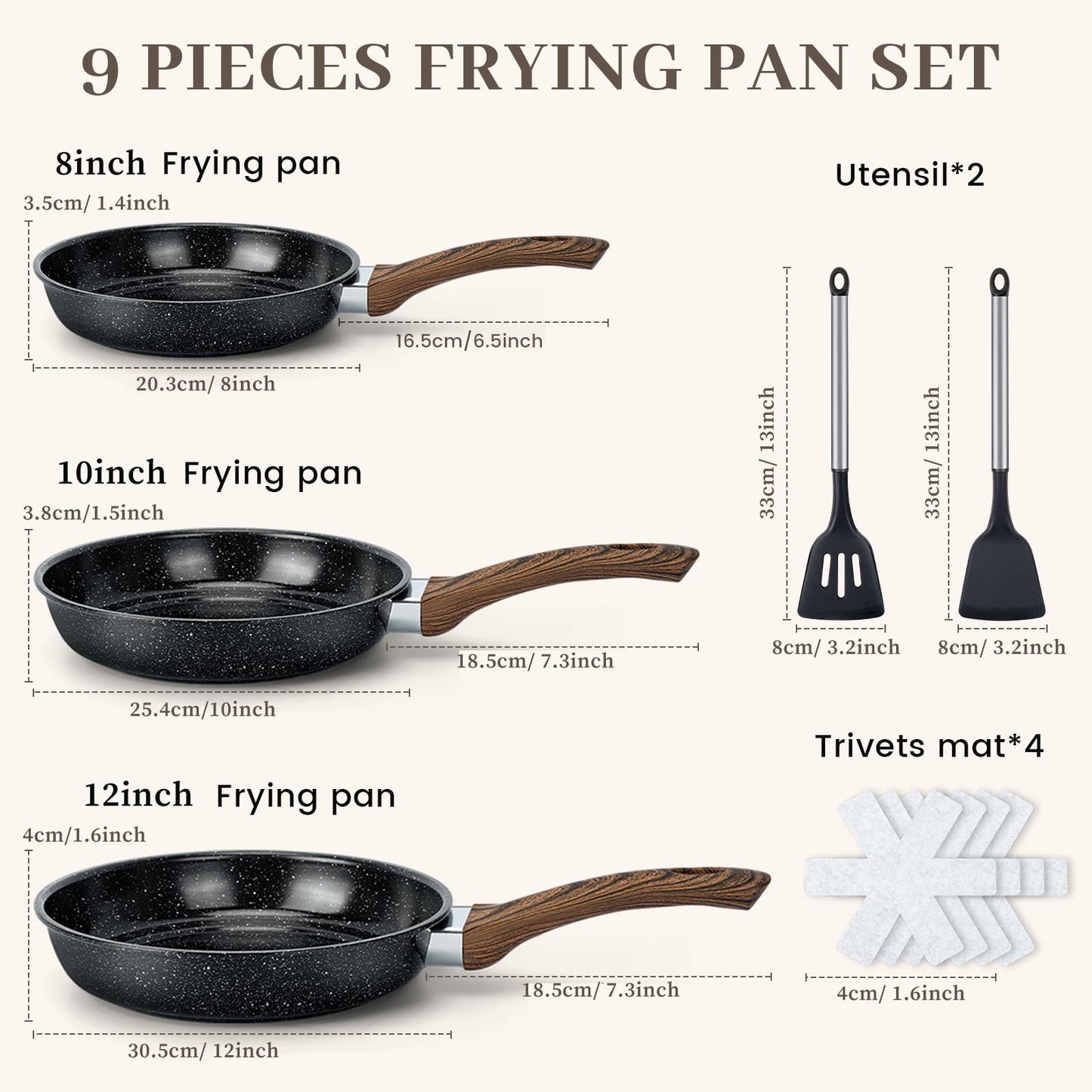 Colourcoco Frying Pans Skillet - 9 Pieces Nonstick Frying Pan Set Includes 3 Sizes (8"/ 10"/ 12"), PFOA Free, Induction & Oven Safe, Easy to Clean for Home Daily Cooking