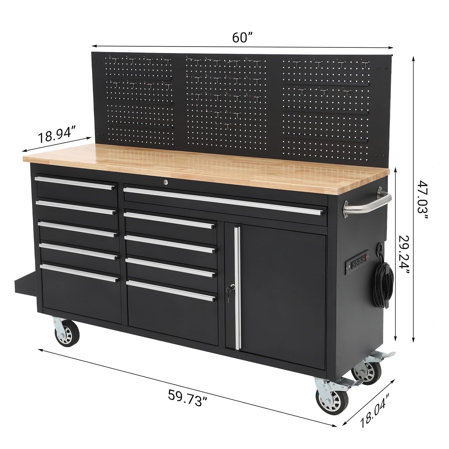 61-inch Rolling Tool Chest, 10 Drawers Garage Workbench Storage Tool Cabinet with Power Strip, Solid Rubber Wood Top, 1675 LBS Load Mobile Workstation, Heavy Duty Rolling Cabinet