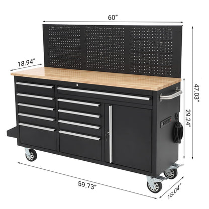 61-inch Rolling Tool Chest, 10 Drawers Garage Workbench Storage Tool Cabinet with Power Strip, Solid Rubber Wood Top, 1675 LBS Load Mobile Workstation, Heavy Duty Rolling Cabinet
