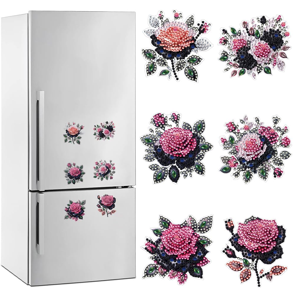 POETRYDRAW 6 Pcs Diamond Painting Magnets Special Shape Rose Diamond Art Stickers Refrigerator for Fridge Stickers DIY Home Decors Crafts Gifts