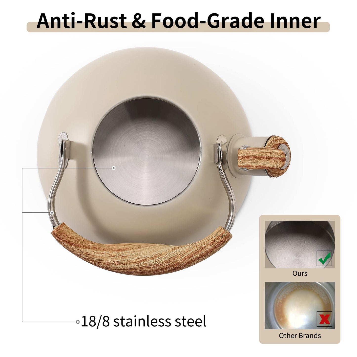 LONFFERY Tea Kettle for Stove Top, 2.5 Quart Whistling Tea Kettle, with Food Grade Stainless Steel and Wood Pattern Folding Handle, Creamy White