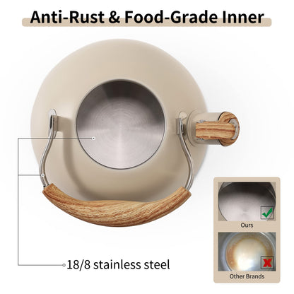 LONFFERY Tea Kettle for Stove Top, 2.5 Quart Whistling Tea Kettle, with Food Grade Stainless Steel and Wood Pattern Folding Handle, Creamy White