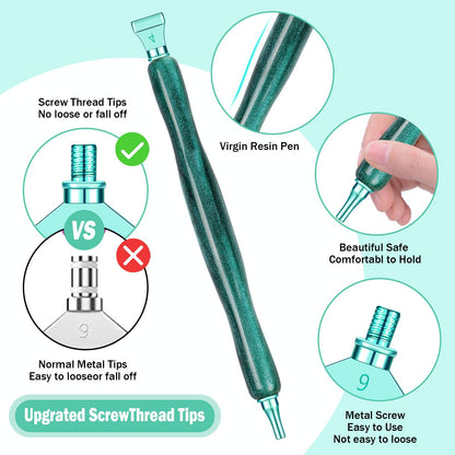 Snewvie Diamond Painting Pen Accessories Tools Set,3PCS Glitter Diamond Art Pen and 12Pcs Green Metal Screw Thread Multi Placer Tips,Resin Diamond Painting Drill Pens for DIY Diamond Art