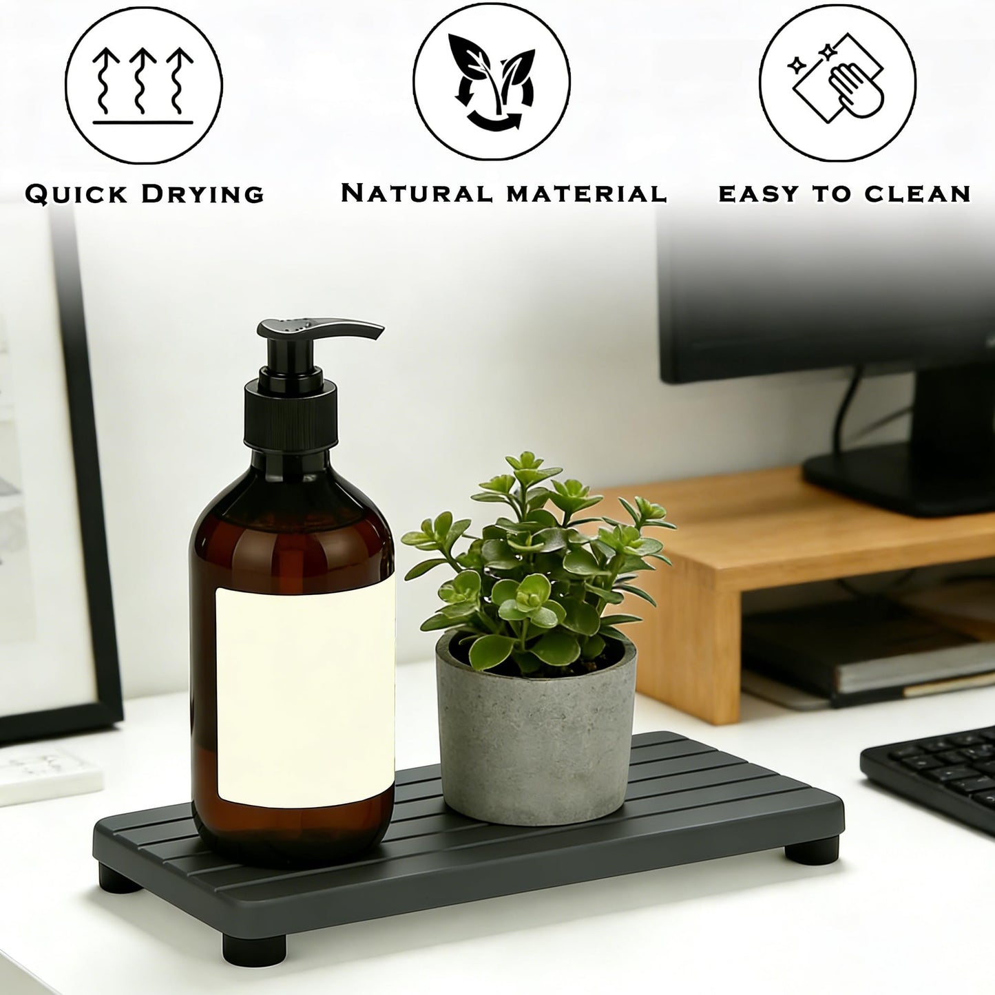 2PCS Stone Drying Tray, Water Absorbing Stone Tray for Sinks, Neat Diatomite Sink Trays, Fast Drying Kitchen Sponge Hand Soap Holder, Instant Dry Sink Coasters Used for Bathroom Counter -Dark Gray