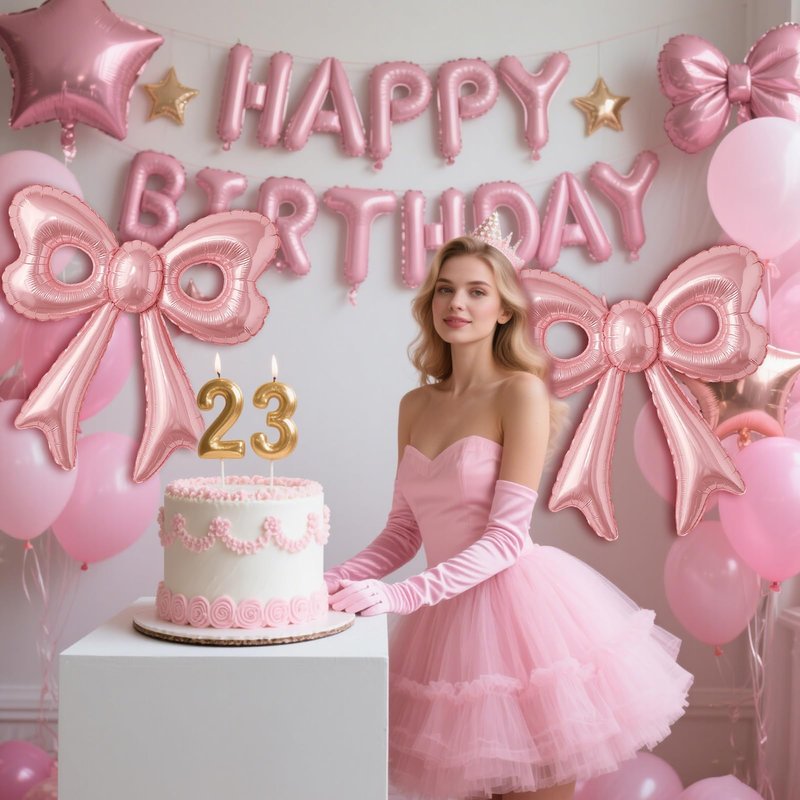 Pink Happy Birthday Balloons, 31”Huge Pink Bow Aluminum Foil Balloons for Girl Woman Birthday, Princess, Coquette Party Decorations Supplies