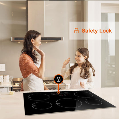 AMZCHEF 30 Inch 10600W Induction Cooktop With 5 BOOST Burners, 9 Levels Electric, Built-in Control by Slide Touchscreen, Child Safety Lock, Independent Timer, No Plug, 240V