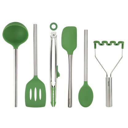 Tovolo Silicone Cooking Utensil Set of 6 Stainless Steel Handle Ladle Slotted Turner Tongs Flex Core Spatula Scraper Mixing Spoon & Potato Masher, Dishwasher Safe BPA Free Utensils, Pesto Green