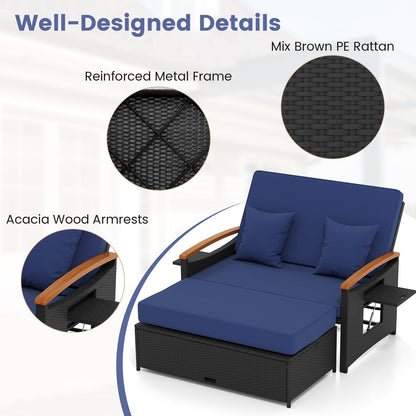 Tangkula Patio Rattan Daybed with 4-Level Adjustable Backrest, Outdoor Wicker Loveseat with Acacia Wood Armrest, Storage Ottoman & Folding Tray, Double Sunbed for Yard & Poolside (Navy & Black)