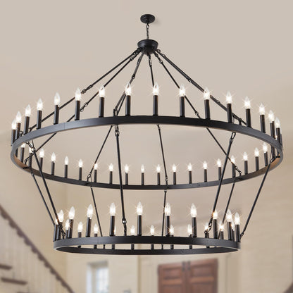 VBKK Wagon Wheel Chandelier Farmhouse 2 Tier 64-Light 70-Inch, Black Industrial Chandelier Rustic Candle Pendant Light Fixture Extra Large for High Ceilings, Dining Room, Living Room, Foyer, E12