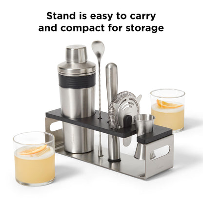 Rabbit 6-Piece Bar Tool Set - Stainless Steel Cocktail Shaker with Integrated Strainer, Muddler, Stir Spoon, Double Jigger, Hawthorne Strainer and Stand