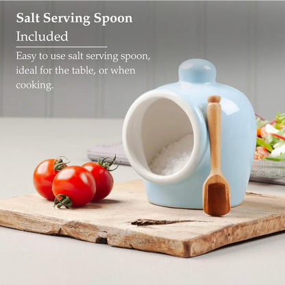 Wm Bartleet & Sons Traditional Porcelain Small Salt Pig, Blue, with Wooden Salt Serving Spoon