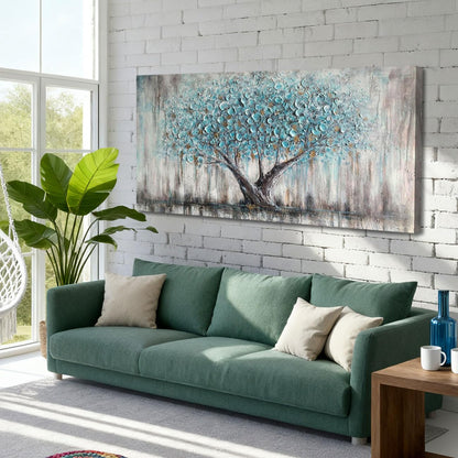 Arjun Tree Wall Art Canvas for Living Room Blue Tree of Life Nature Teal Abstract Textured Painting Picture Modern Panoramic Landscape Artwork Framed Bedroom Home Office Decor, Large Size 40"x20"