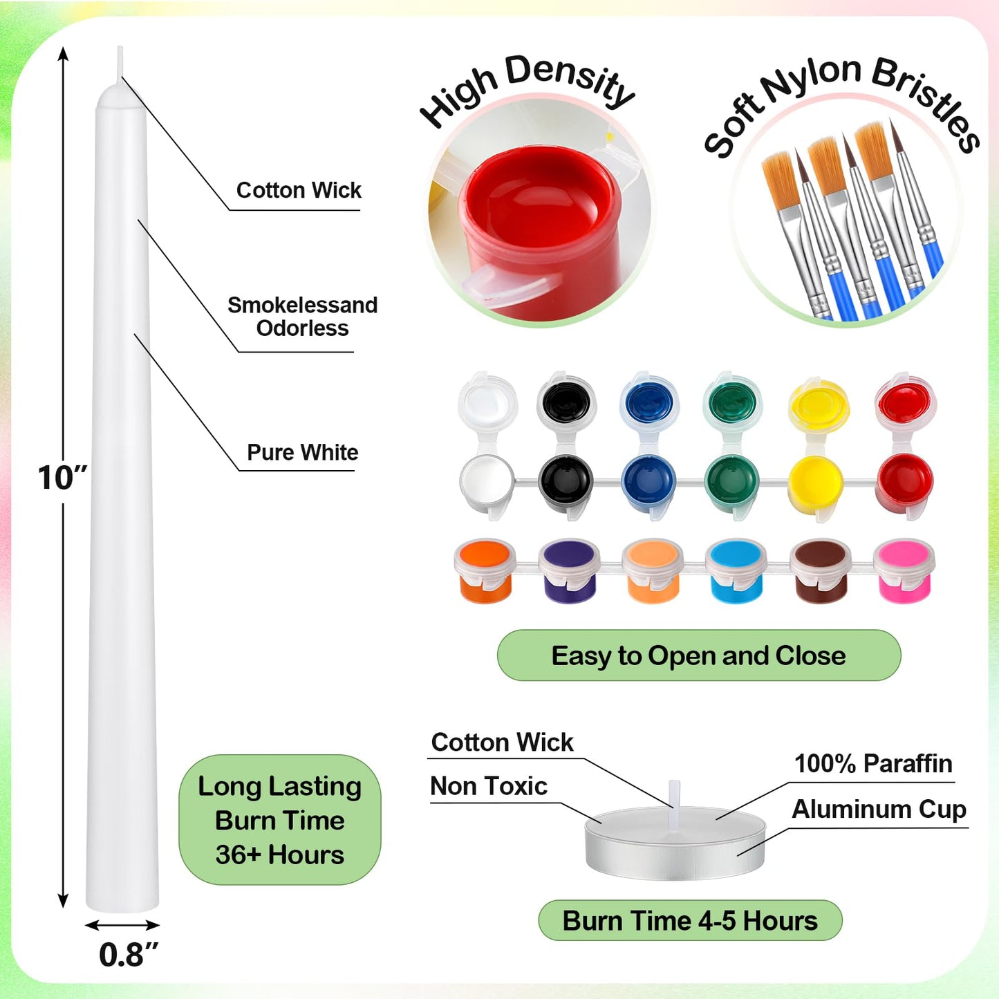 MTLEE 54 Pcs DIY Candle Painting Kit Include White Candles Colorful Acrylic Paint Strips and Paintbrushes for Crafts Making Wedding Birthday Party Centerpiece (Taper)
