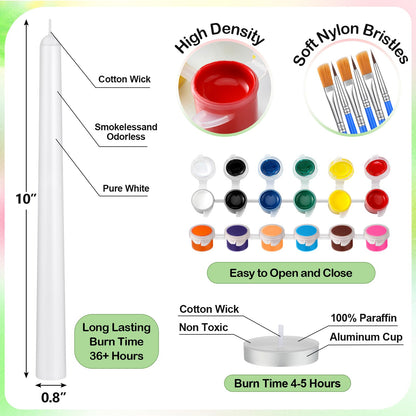 MTLEE 54 Pcs DIY Candle Painting Kit Include White Candles Colorful Acrylic Paint Strips and Paintbrushes for Crafts Making Wedding Birthday Party Centerpiece (Taper)