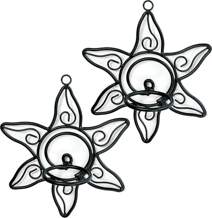Set 2 Lilys Home Southwestern Sun Decorative Votive Candle Tea Light Wall Mount Sconces, Black Steel, with Clear Glass
