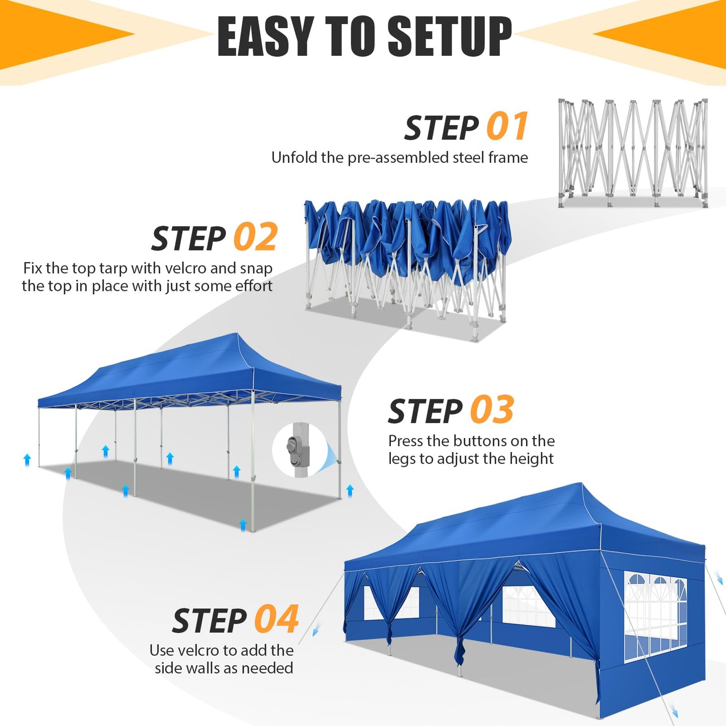 COBIZI 10x30 Heavy Duty Pop up Canopy Tent for Parties with 8 Sidewalls, Easy Setup Outdoor Commercial Gazebo for Wedding Event, Party Tent with Portable Bag & Sand Bags, Blue