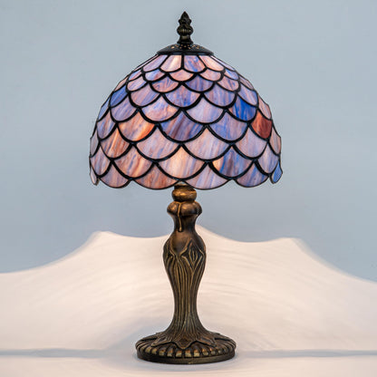 GILGGAK Small Tiffany Stained Glass Table Lamp Wisteria Style Lampshade Nightstand Light for Bedroom Dorm Living Hallway Coffee Table Office Housewarming Gift 8X8X15 (Blue Purple Fish Scales)
