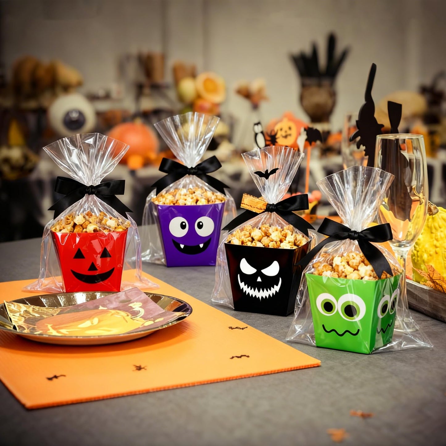 Pajean 24 Sets Halloween Popcorn Boxes with Cellophane Bags and Ribbon, 4.72''x 4.72''x 3.54'' Cardboard Paper Snack Treat Goodie Gift Cookies Candy Boxes for Trick or Treat Halloween Party Favors