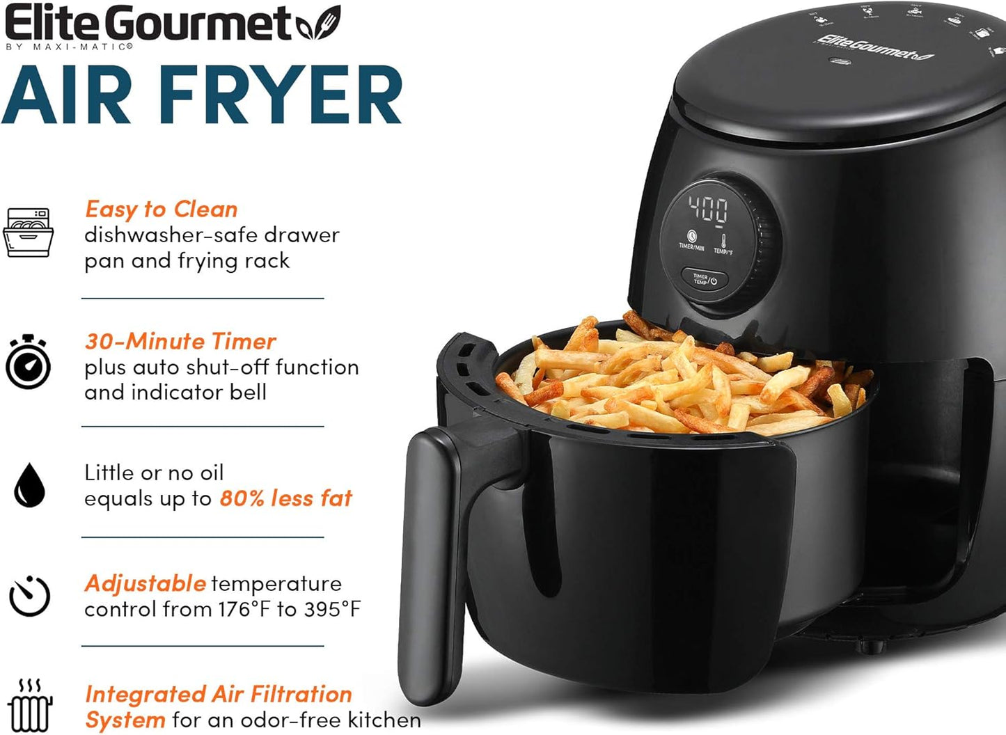 Elite Gourmet EAF-2612DX Personal 2.1Qt Compact Programmable Hot Air Fryer, Oil-Less Healthy Cooker, 1000W, Black