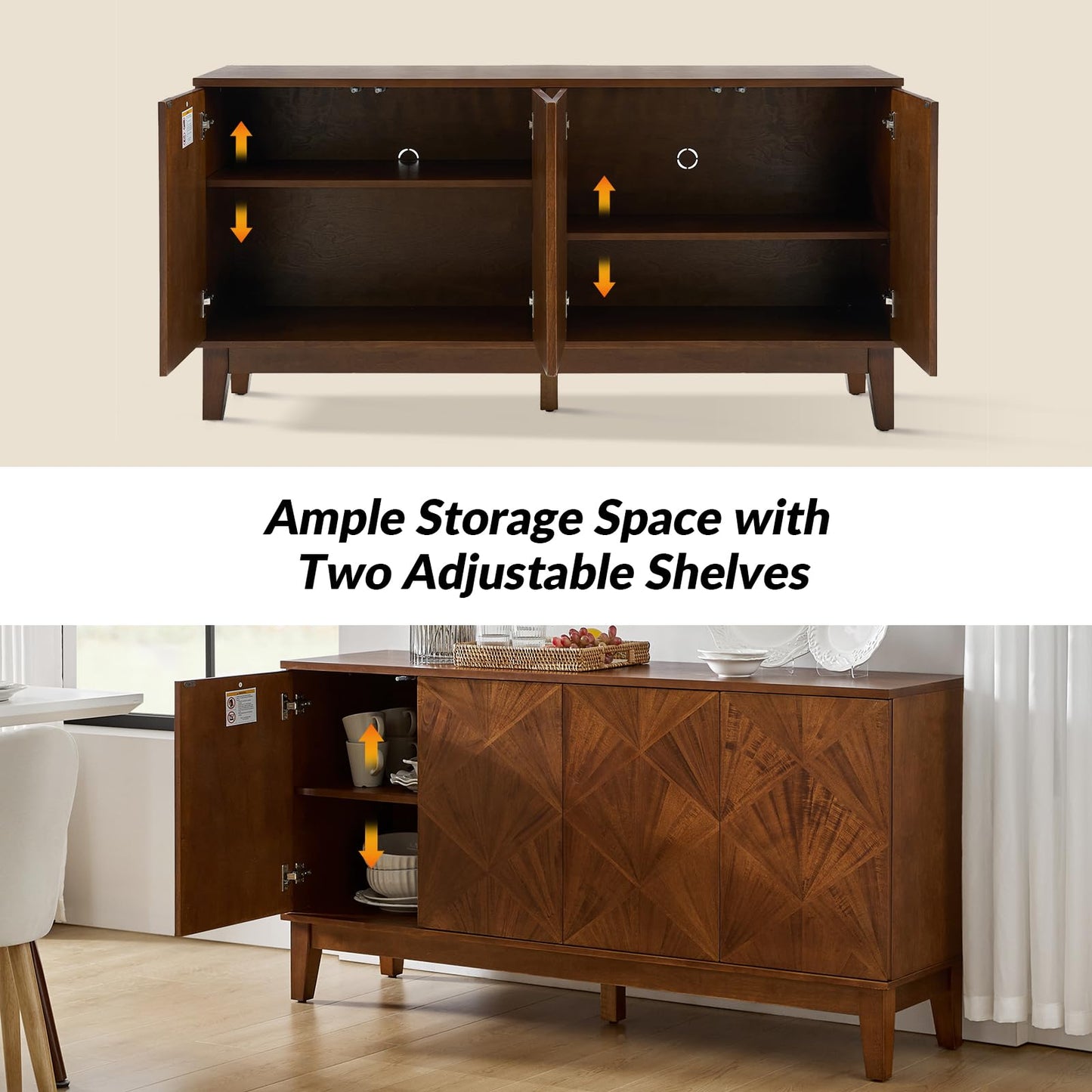Mid Century Modern Walnut Console Cabinet - 60" Sideboard Buffet with Adjustable Shelves and Handles for Living Room, Kitchen