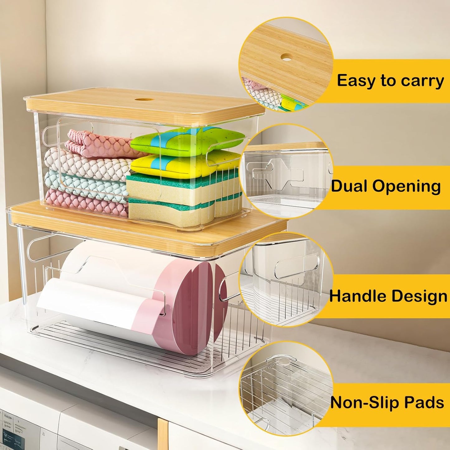2 Pack FELIZHOUSE Trash Bag Holder with Bamboo Lid, Stackable Garbage Bag Dispenser Under Sink , Storage Organizer