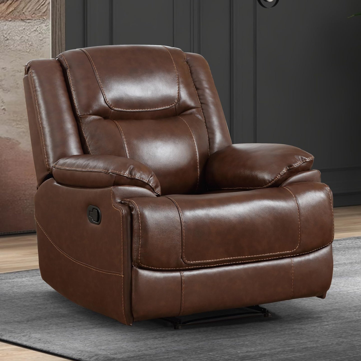 EBELLO Genuine Leather Recliner Manual Chair for Living Room, 1 Seater Reclining Sofa Chair with Headrest and Armrest, Modern Durable Home Furniture for Small Space, Meeting Room, Vintage Brown