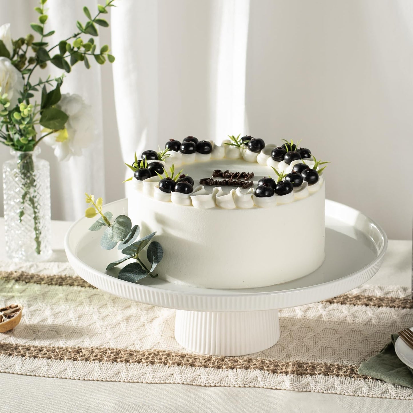KOBIKOBI 13 Inch Ceramic Cake Stand with Pedestal - White Round Cake Plate for Dessert Table Display, Elevated Cupcake Stand for Wedding, Birthday, Baby Shower, Tea Party, Holiday Entertaining