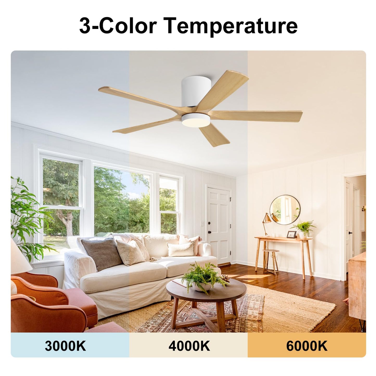 ELEHINSER 52 Inch Flush Mount Ceiling Fan with Lights, Low Profile Modern Ceiling Fan with Remote, Quiet DC Motor, 6-Speed, 3CCT,Timer, 5 Solid Wood Blades, White+Light Wood