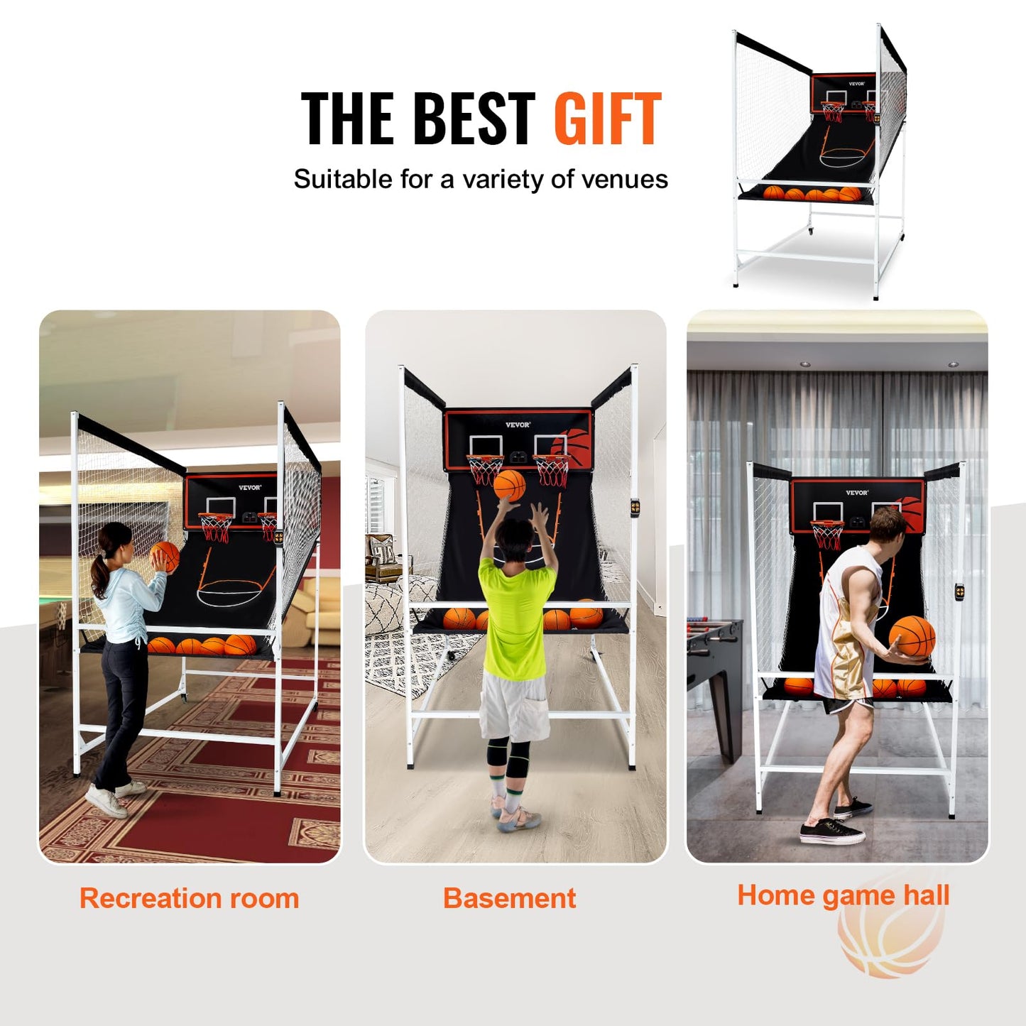 VEVOR Arcade Cage Basketball Game, 2 Player Home Dual Sport with 5 Balls, 8 Game Modes, Electronic Scoreboard, and Inflation Pump, Indoor Basketball Game for Kids, Youth Adults
