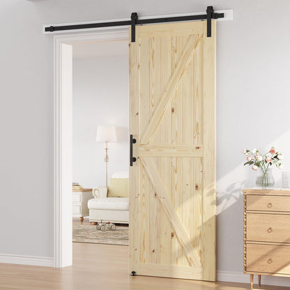 SMARTSTANDARD 36in x 96in Sliding Barn Door with 6.6ft Barn Door Hardware Kit Included, Unfinished Solid Spruce Wood Door, Assembly Required, DIY, Stainable, Natural