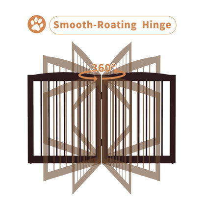 PUPETPO Freestanding Pet Gates with Walk Through Door, Dog Indoor Fence, Dog Gate for The House, Doorway, Stairs, Extra Wide Pet Gate, Support Feet Included, 120 Inch Wide, 6 Panels 24" Tall, Brown